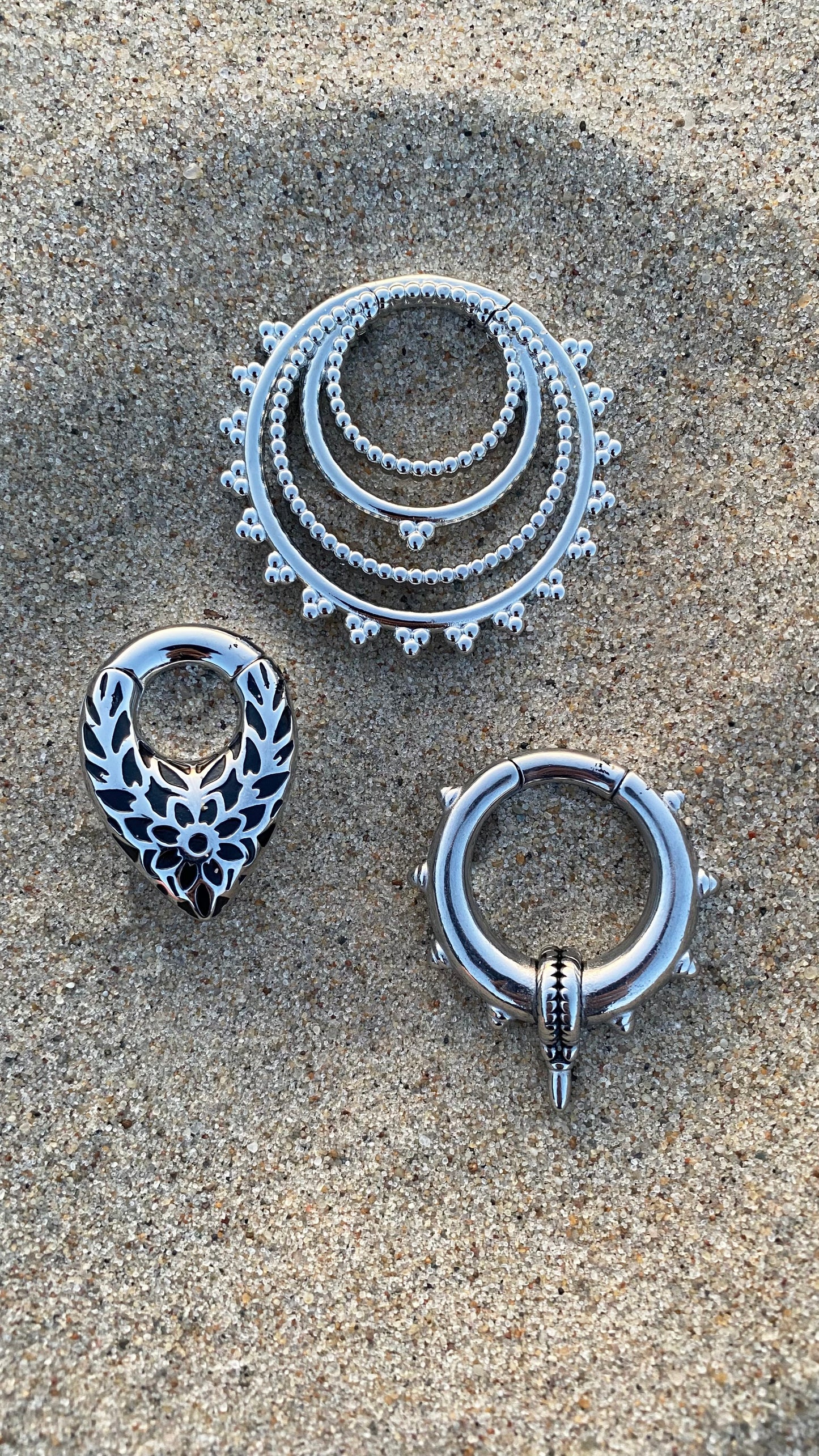 Flower Embroidered Ear Weights | Stainless Steel, Pair