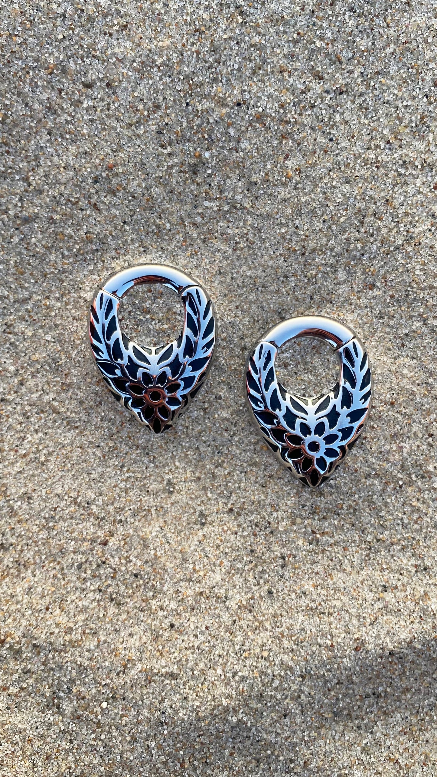 Flower Embroidered Ear Weights | Stainless Steel, Pair