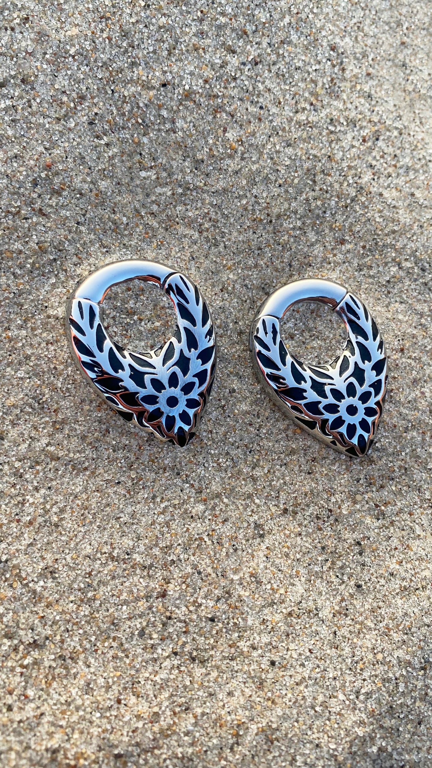 Flower Embroidered Ear Weights | Stainless Steel, Pair